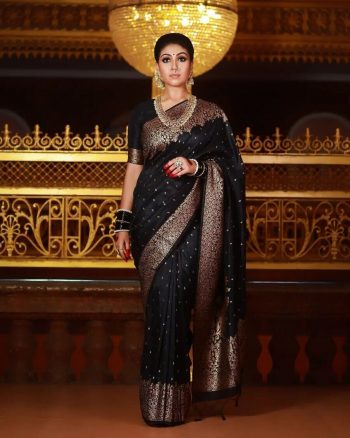 MOST PICKED SOFT BANARASI SILK JACQUARD WORK SAREE WITH UNSTITCHED BLOUSE BLACK