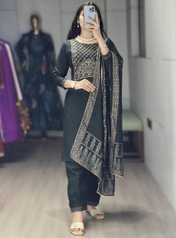 NEW ARRIVAL CHANDERI PRINT WITH FOIL WORK AND HANDWORK TOP BOTTOM WITH DUPATTA GREEN