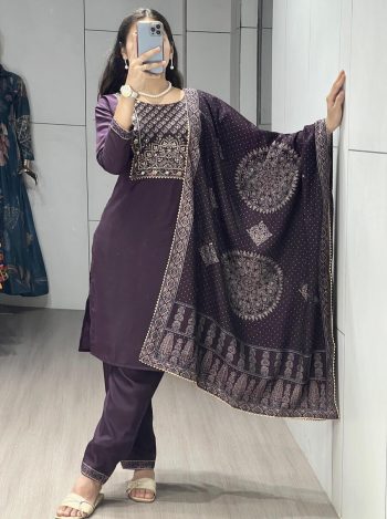 NEW ARRIVAL CHANDERI PRINT WITH FOIL WORK AND HANDWORK TOP BOTTOM WITH DUPATTA PURPLE