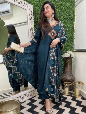 NEW ARRIVAL CHANDERI SEQUENCE EMBROIDERY WORK TOP BOTTOM WITH DUPATTA TEAL