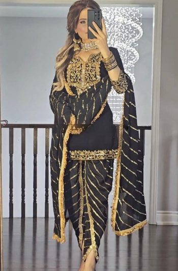 NEW ARRIVAL CHINON EMBROIDERY SEQUENCE WORK TOP DHOTI WITH DUPATTA BLACK