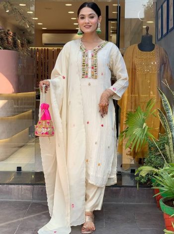 NEW ARRIVAL CHINON EMBROIDERY WORK TOP BOTTOM WITH DUPATTA OFF WHITE