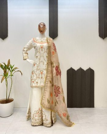 NEW ARRIVAL CHINON SEQUENCE EMBROIDERY WORK TOP PALAZZO WITH DUPATTA  WHITE