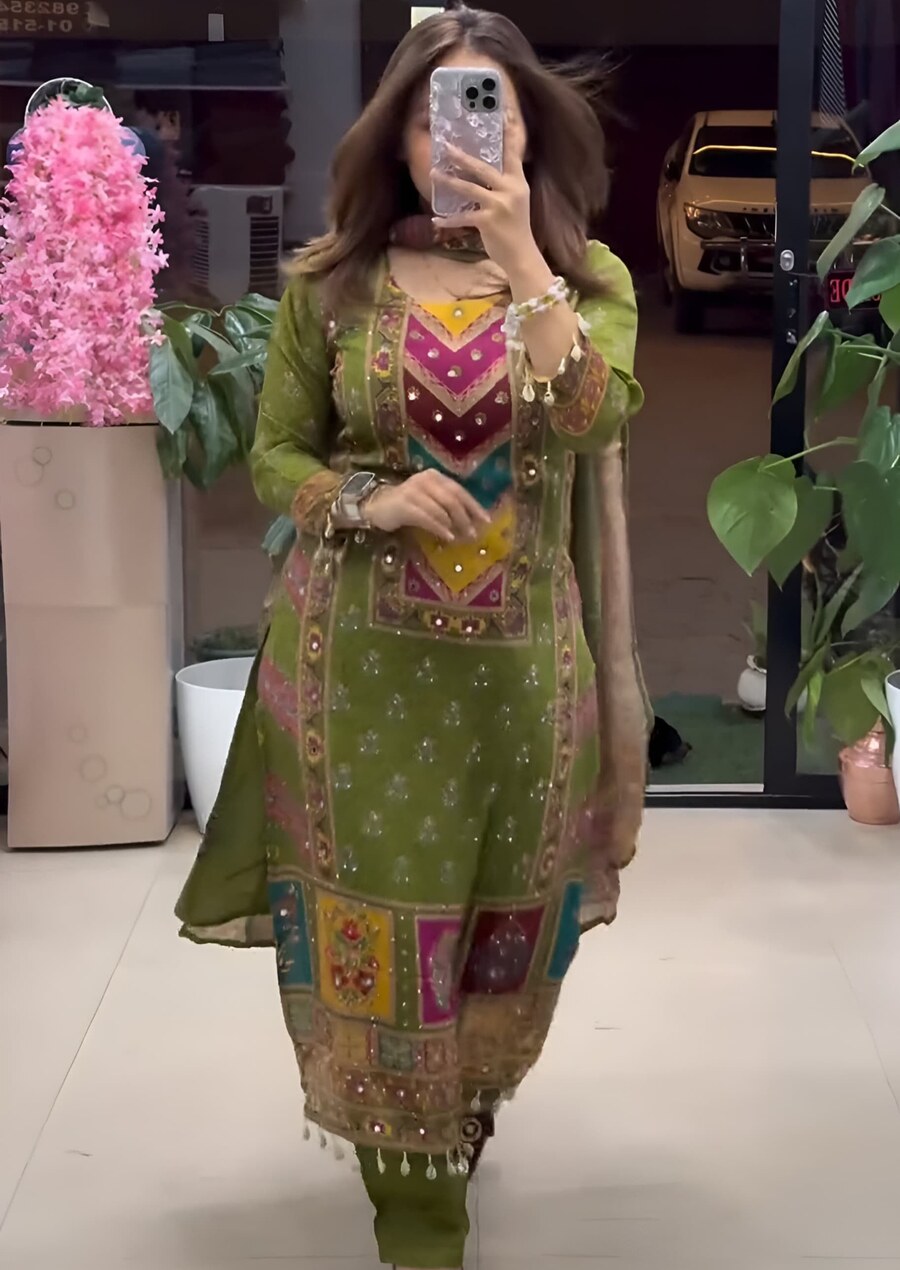 NEW ARRIVAL CHINON SILK DIGITAL PRINTED WITH REAL MIRROR WORK TOP BOTTOM WITH DUPATTA FESTIVE WEAR WHOLESALE PRICE ETHNIC GARMENT (5)