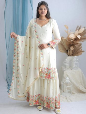 NEW ARRIVAL CHINON SILK EMBROIDERY MULTI THREAD WORK TOP SHARARA WITH DUPATTA WHITE