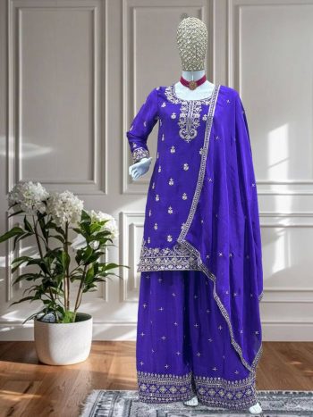 NEW ARRIVAL CHINON SILK EMBROIDERY SEQUENCE WORK TOP PALAZZO WITH DUPATTA BLUE