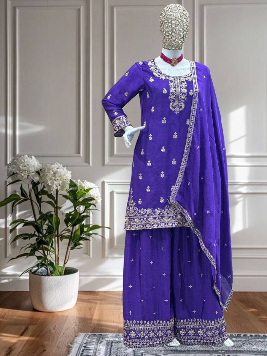 NEW ARRIVAL CHINON SILK EMBROIDERY SEQUENCE WORK TOP PALAZZO WITH DUPATTA WEDDING WEAR WHOLESALE PRICE ETHNIC GARMENT (21)