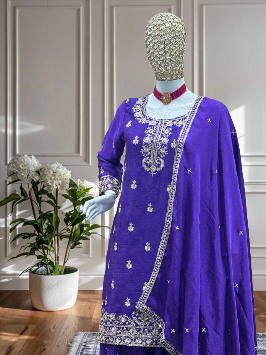 NEW ARRIVAL CHINON SILK EMBROIDERY SEQUENCE WORK TOP PALAZZO WITH DUPATTA WEDDING WEAR WHOLESALE PRICE ETHNIC GARMENT (22)