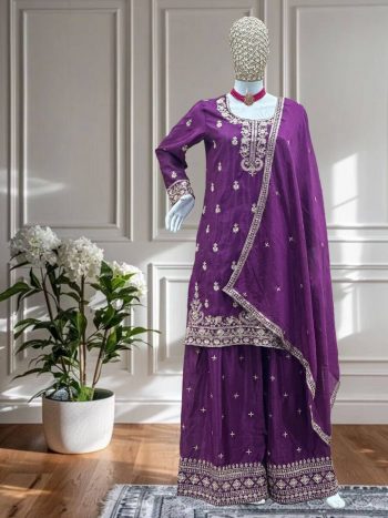 NEW ARRIVAL CHINON SILK EMBROIDERY SEQUENCE WORK TOP PALAZZO WITH DUPATTA PURPLE