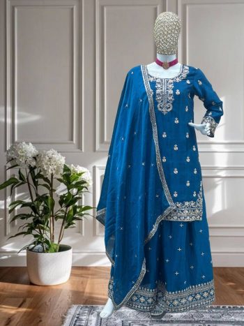 NEW ARRIVAL CHINON SILK EMBROIDERY SEQUENCE WORK TOP PALAZZO WITH DUPATTA RAMA
