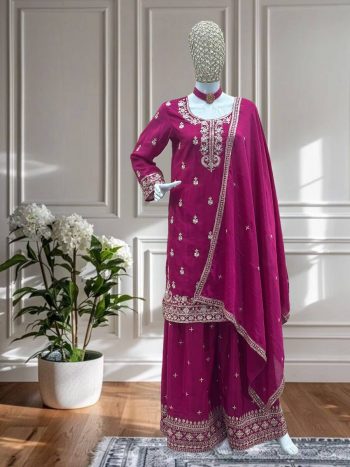 NEW ARRIVAL CHINON SILK EMBROIDERY SEQUENCE WORK TOP PALAZZO WITH DUPATTA PINK