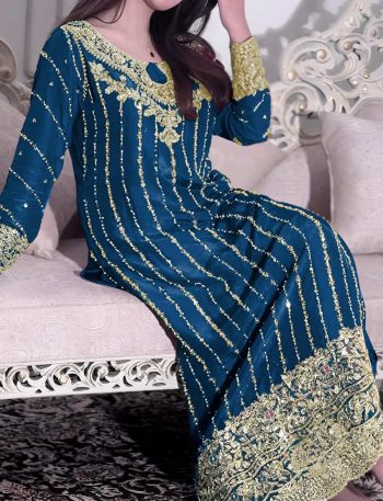 NEW ARRIVAL CHINON SILK EMBROIDERY SEQUENCE WORK WITH RIVET MOTI WORK TOP BOTTOM WITH DUPATTA BLUE