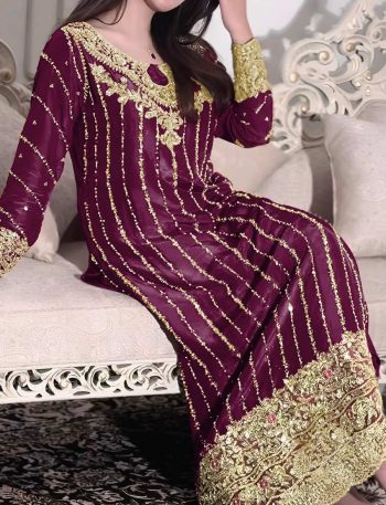 NEW ARRIVAL CHINON SILK EMBROIDERY SEQUENCE WORK WITH RIVET MOTI WORK TOP BOTTOM WITH DUPATTA WINE