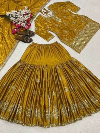 NEW ARRIVAL CHINON SILK SEQUENCE EMBROIDERY WORK TOP SHARARA WITH DUPATTA YELLOW