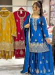 NEW ARRIVAL CHINON SILK SEQUENCE EMBROIDERY WORK TOP SHARARA WITH DUPATTA  BLUE