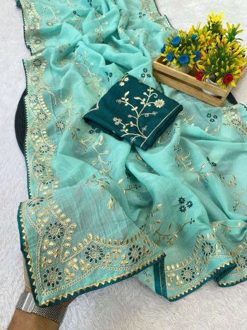 NEW ARRIVAL CRUNCHY CHIFFON MULTI CODING THREAD & GOTA EMBROIDERY WORK SAREE WITH UNSTITCHED BLOUSE SKY