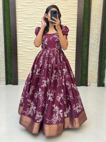 NEW ARRIVAL DOLA SILK KALAMKARI PRINT AND JCQUARD BORDER WORK GOWN WINE