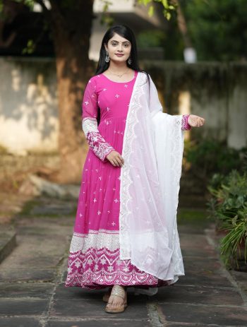 NEW ARRIVAL FAUX BLOOMING SEQUENCE AND THREAD EMBROIDERY ANARKALI GOWB BOTTOM WITH DUPATTA  PINK