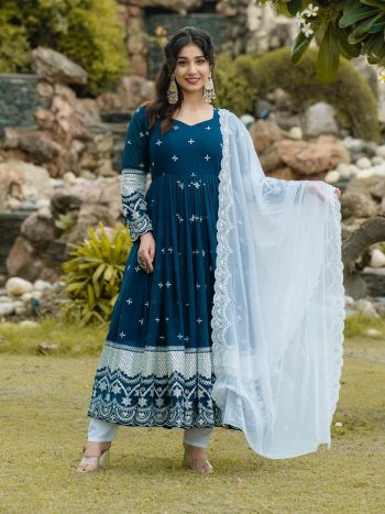 NEW ARRIVAL FAUX BLOOMING SEQUENCE AND THREAD EMBROIDERY ANARKALI GOWB BOTTOM WITH DUPATTA NAVY BLUE