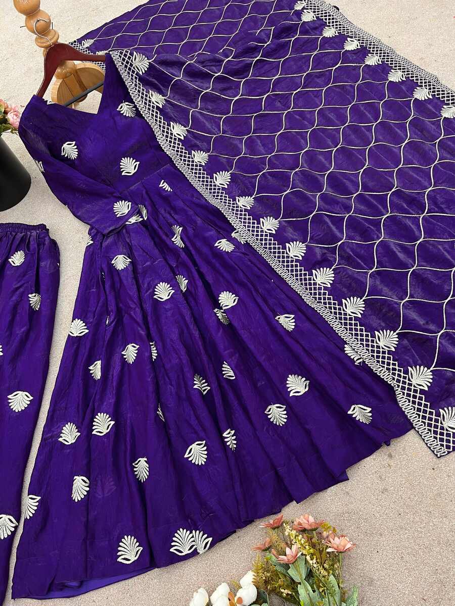 NEW ARRIVAL FENDY SILK EMBROIDERY SEQUENCE WORK GOWN PALAZZO WITH DUPATTA FUNCTIONAL WEAR WHOLESALE PRICE ETHNIC GARMENT (11)