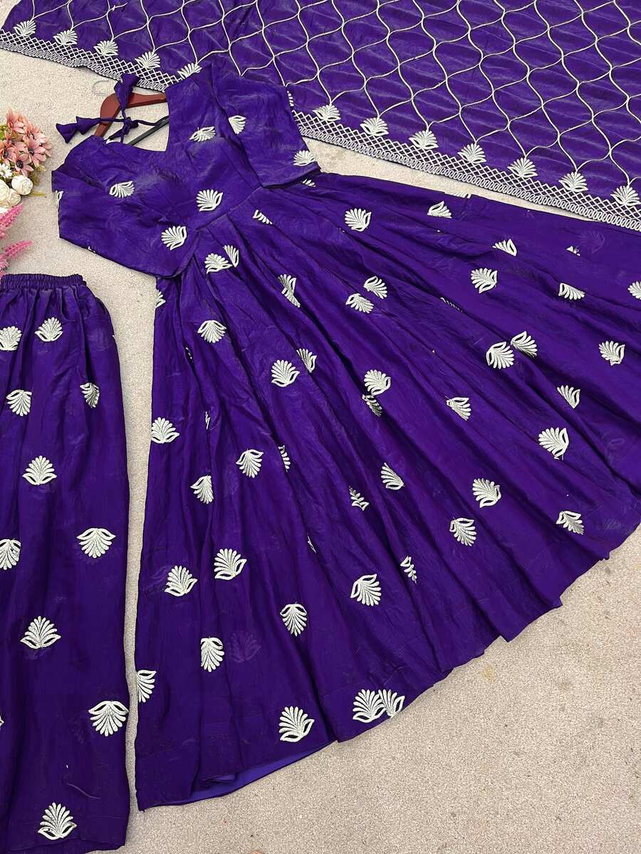 NEW ARRIVAL FENDY SILK EMBROIDERY SEQUENCE WORK GOWN PALAZZO WITH DUPATTA FUNCTIONAL WEAR WHOLESALE PRICE ETHNIC GARMENT (12)