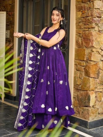 NEW ARRIVAL FENDY SILK EMBROIDERY SEQUENCE WORK GOWN PALAZZO WITH DUPATTA PURPLE