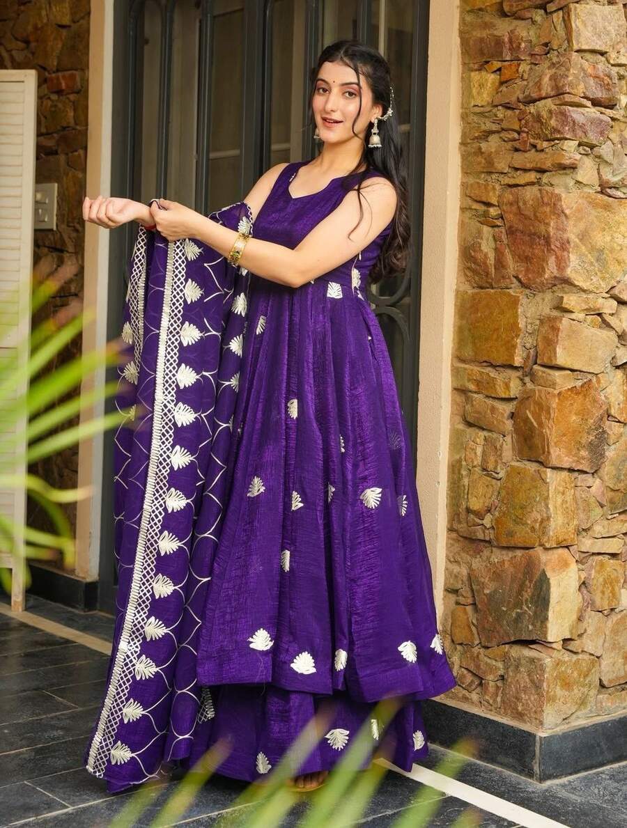 NEW ARRIVAL FENDY SILK EMBROIDERY SEQUENCE WORK GOWN PALAZZO WITH DUPATTA FUNCTIONAL WEAR WHOLESALE PRICE ETHNIC GARMENT (13)