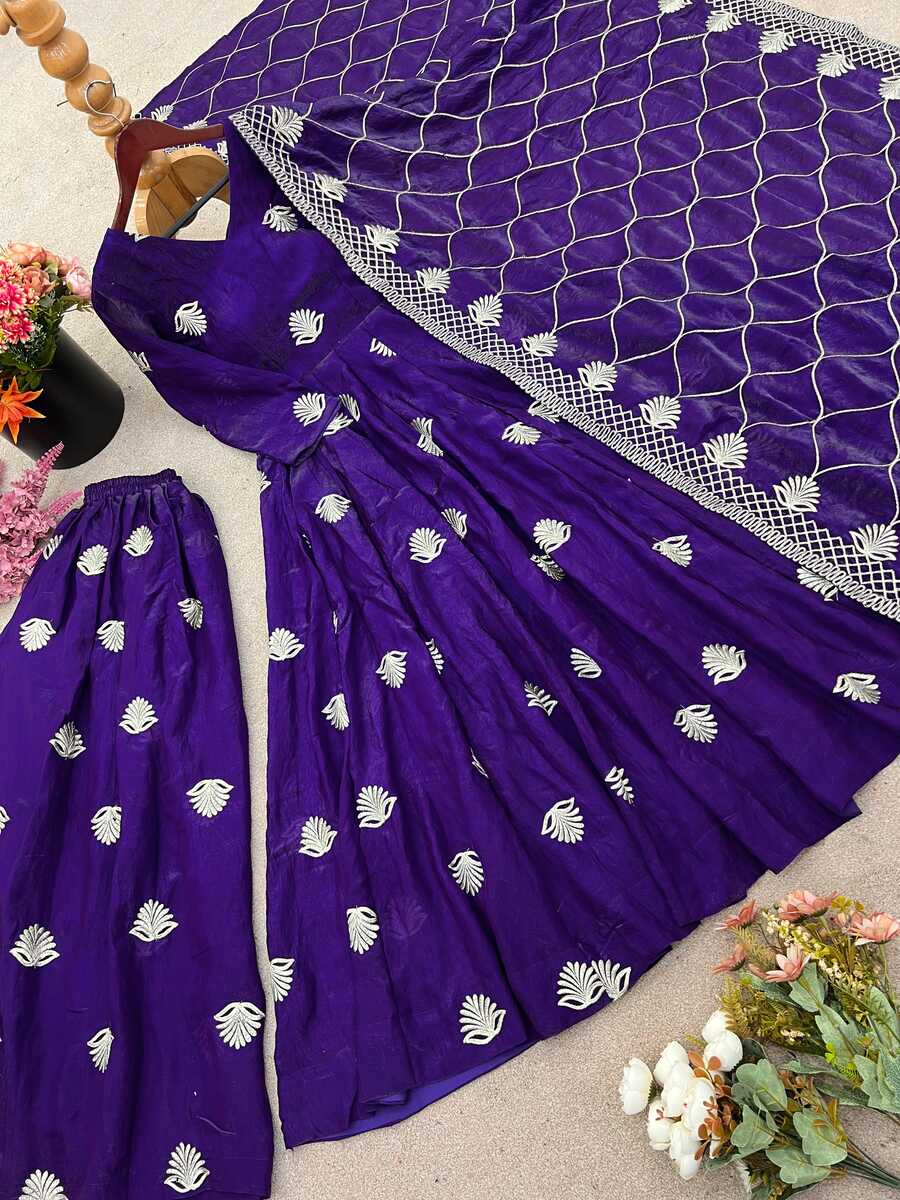 NEW ARRIVAL FENDY SILK EMBROIDERY SEQUENCE WORK GOWN PALAZZO WITH DUPATTA FUNCTIONAL WEAR WHOLESALE PRICE ETHNIC GARMENT (16)
