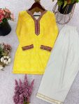 NEW ARRIVAL FRENCH CREPE DIGITAL PRINT WITH EMBROIDERY SEQUENCE WORK TOP PATIYALA YELLOW