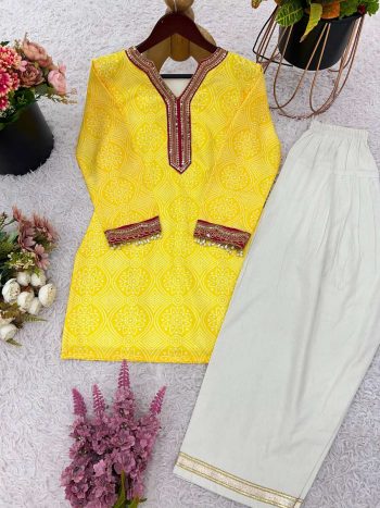 NEW ARRIVAL FRENCH CREPE DIGITAL PRINT WITH EMBROIDERY SEQUENCE WORK TOP PATIYALA YELLOW