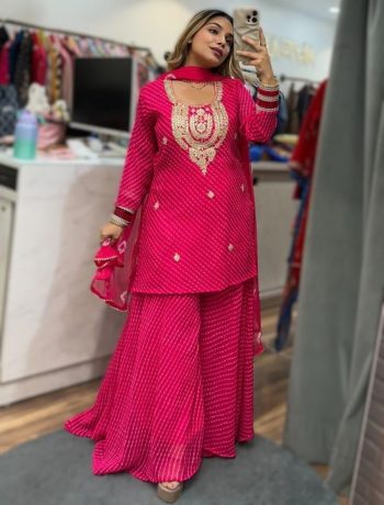 NEW ARRIVAL GEORGETTE EMBROIDERY CODING WORK WITH DIGITAL PRINT  WORK TOP PALAZZO WITH DUPATTA PINK