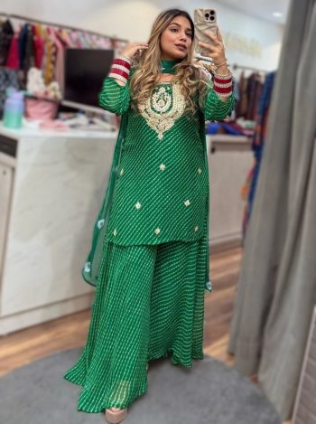 NEW ARRIVAL GEORGETTE EMBROIDERY CODING WORK WITH DIGITAL PRINT  WORK TOP PALAZZO WITH DUPATTA GREEN