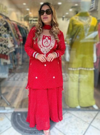 NEW ARRIVAL GEORGETTE EMBROIDERY CODING WORK WITH DIGITAL PRINT  WORK TOP PALAZZO WITH DUPATTA RED