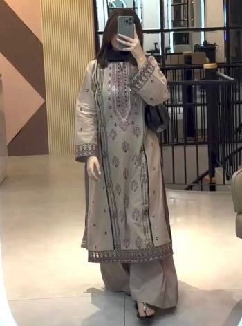 NEW ARRIVAL GEORGETTE EMBROIDERY SEQUENCE WORK WITH MOTI WORK TOP PALAZZO WITH DUPATTA CREAM