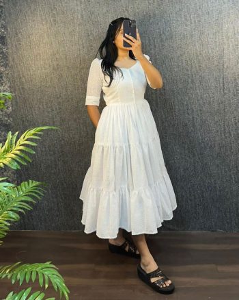 NEW ARRIVAL HAKOBA COTTON 6 PATTI TREDING DESIGN 3 MIDI LAYER ONE PIECE  WHITE