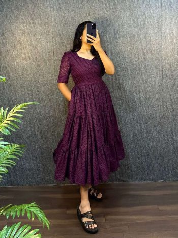 NEW ARRIVAL HAKOBA COTTON 6 PATTI TREDING DESIGN 3 MIDI LAYER ONE PIECE  WINE