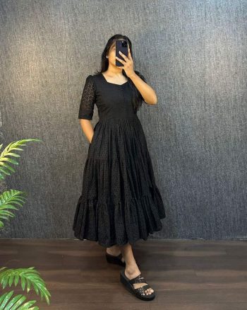 NEW ARRIVAL HAKOBA COTTON 6 PATTI TREDING DESIGN 3 MIDI LAYER ONE PIECE  BLACK