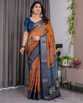 NEW ARRIVAL HANDLOOM LINEN DIGITAL FLORAL PRINTS, RICH ZARI WOVEN BORDER WORK SAREE WITH UNSTITCHED BLOUSE ORANGE