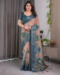 NEW ARRIVAL HANDLOOM LINEN DIGITAL FLORAL PRINTS, RICH ZARI WOVEN BORDER WORK SAREE WITH UNSTITCHED BLOUSE TEAL