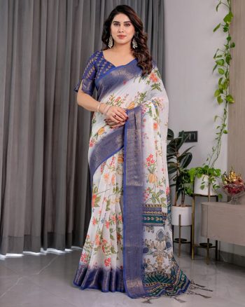 NEW ARRIVAL HANDLOOM LINEN DIGITAL FLORAL PRINTS, RICH ZARI WOVEN BORDER WORK SAREE WITH UNSTITCHED BLOUSE WHITE