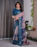 NEW ARRIVAL HANDLOOM LINEN DIGITAL FLORAL PRINTS, RICH ZARI WOVEN BORDER WORK SAREE WITH UNSTITCHED BLOUSE RAMA