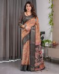 NEW ARRIVAL HANDLOOM LINEN DIGITAL FLORAL PRINTS, RICH ZARI WOVEN BORDER WORK SAREE WITH UNSTITCHED BLOUSE PEACH