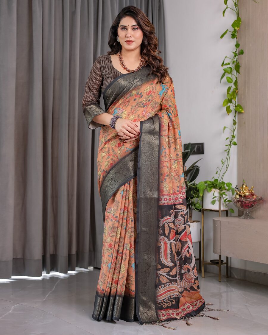 NEW ARRIVAL HANDLOOM LINEN DIGITAL FLORAL PRINTS, RICH ZARI WOVEN BORDER WORK SAREE WITH UNSTITCHED BLOUSE FESTIVAL WEAR WHOLESALE PRICE ETHNIC GARMENT(25).jpeg