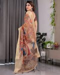 NEW ARRIVAL HANDLOOM LINEN DIGITAL FLORAL PRINTS, RICH ZARI WOVEN BORDER WORK SAREE WITH UNSTITCHED BLOUSE FESTIVAL WEAR WHOLESALE PRICE ETHNIC GARMENT(28)