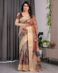NEW ARRIVAL HANDLOOM LINEN DIGITAL FLORAL PRINTS, RICH ZARI WOVEN BORDER WORK SAREE WITH UNSTITCHED BLOUSE CREAM