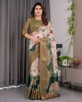 NEW ARRIVAL HANDLOOM LINEN DIGITAL FLORAL PRINTS, RICH ZARI WOVEN BORDER WORK SAREE WITH UNSTITCHED BLOUSE MEHENDI