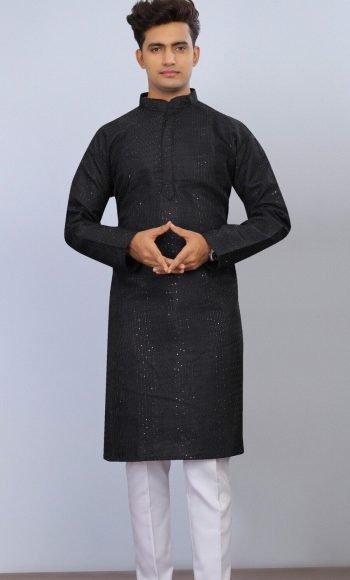 NEW ARRIVAL IMPORTED THREAD SEQUENCE WORK MEN'S KURTA PAYAJAMA BLACK