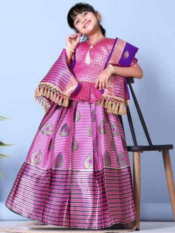 NEW ARRIVAL JACQUARD WEAVING WORK KID'S TOP LEHENGA WITH DUPATTA PINK