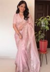 NEW ARRIVAL JIMMY CHOO PEARLS AND CUTDANA HANDWORK SAREE WITH UNSTITCHED BLOUSE BABY PINK