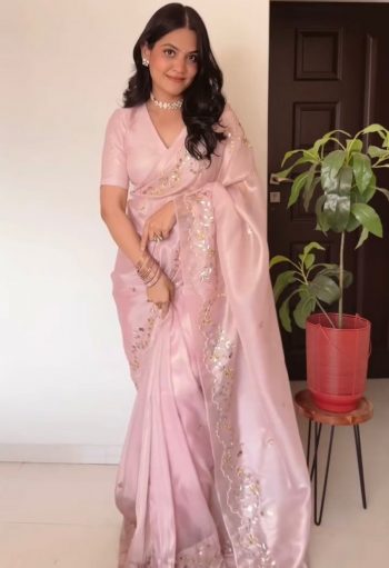 NEW ARRIVAL JIMMY CHOO PEARLS AND CUTDANA HANDWORK SAREE WITH UNSTITCHED BLOUSE BABY PINK